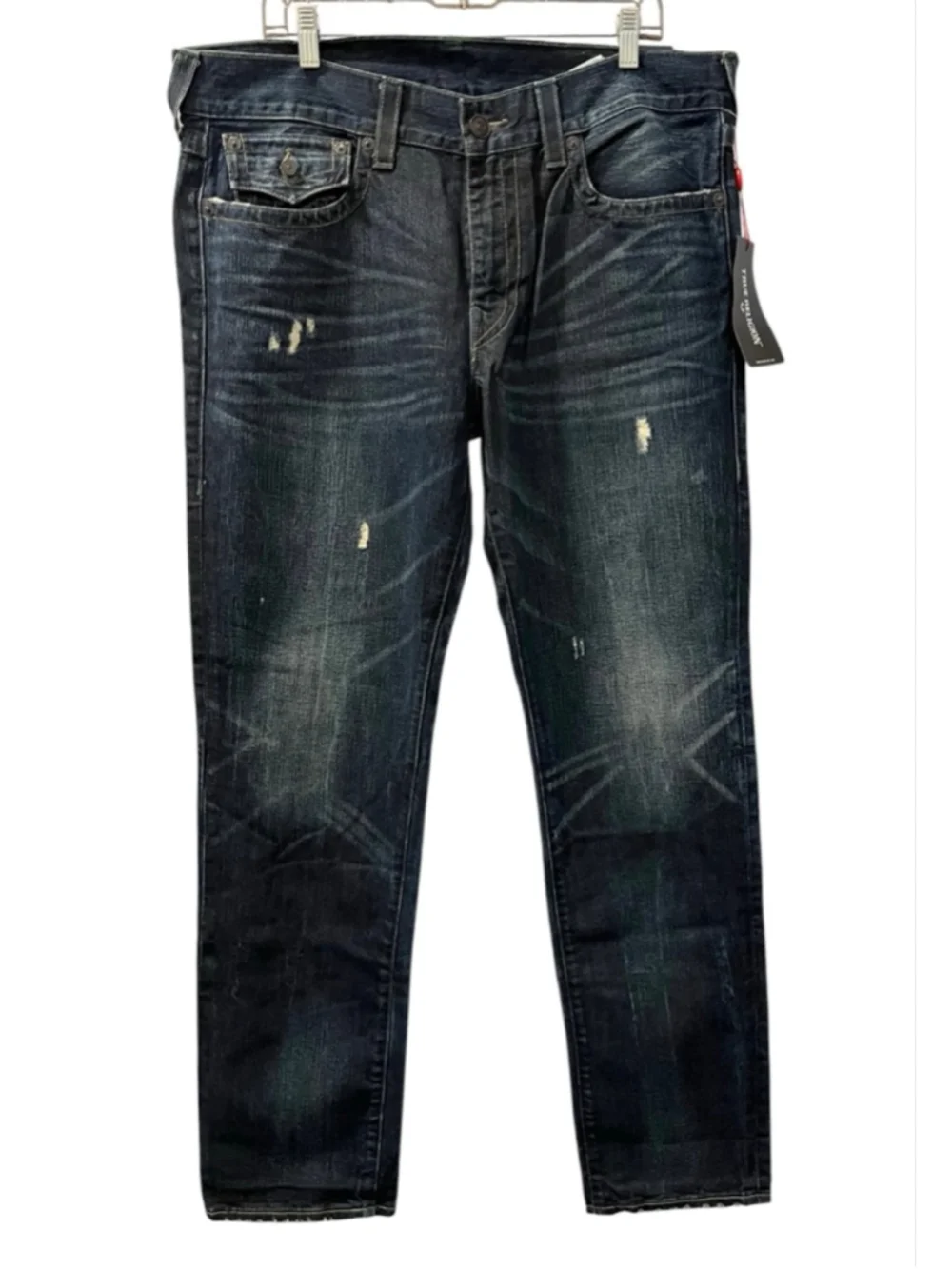 True Religion NWT Geno Slim Jeans Men's Size 36 Distressed Dark Wash Flap Pocket
